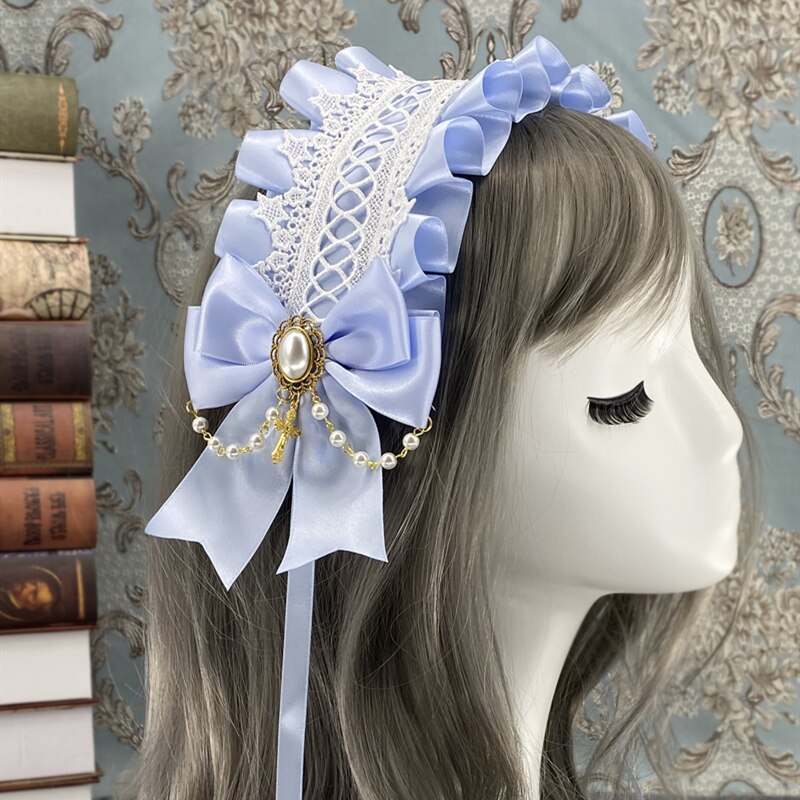 Serre-tête Lolita en dentelle pour femme de chambre, serre-tête en forme de fleur, accessoire pour cheveux, fait à la main: BLEU CIEL