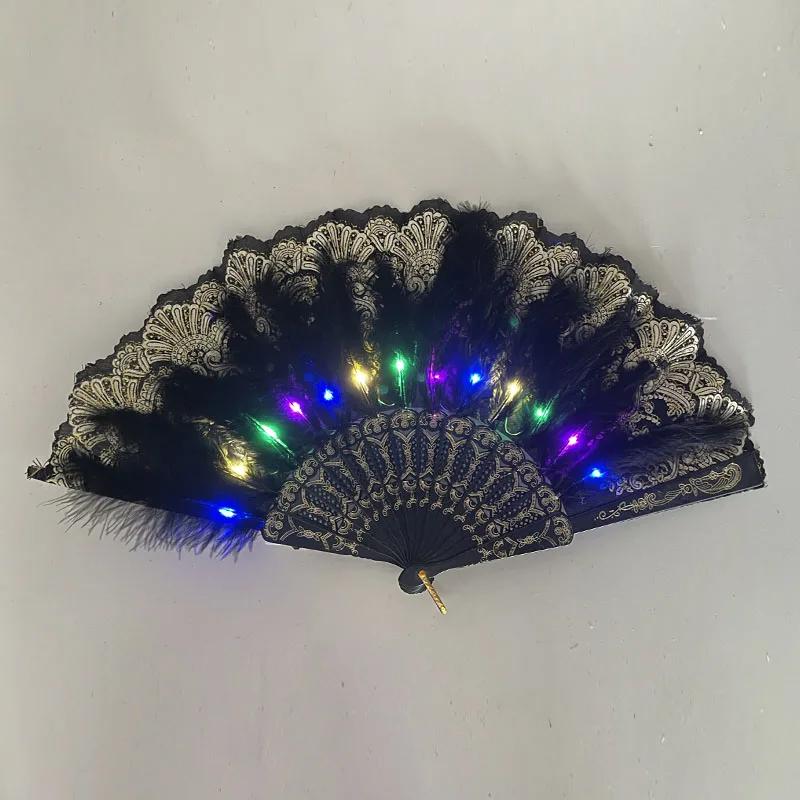 Abanicos de mano de plumas con luz LED brillante para niños y adultos, perfectos para fiestas de baile, festivales y bodas: Plata