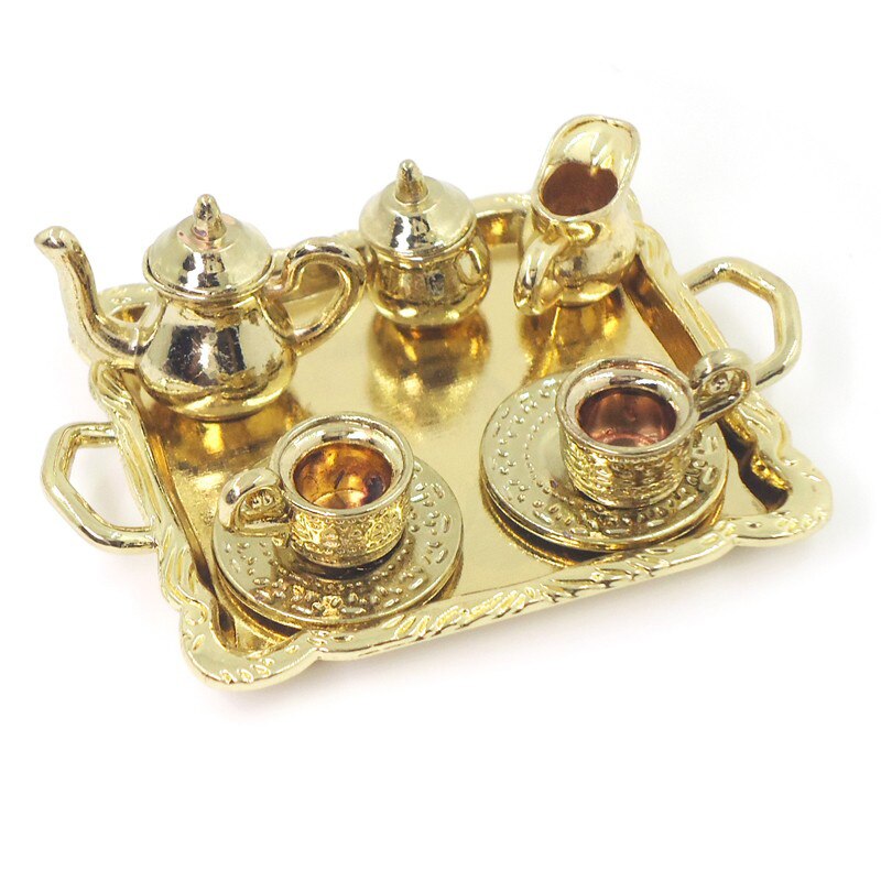 1: 12 poppenhuis Meubels Miniatuur Eetkamer Ware Speelgoed 8 Stuks Metalen Thee Set Theepot Cup Plaat Lengte 6.5cm