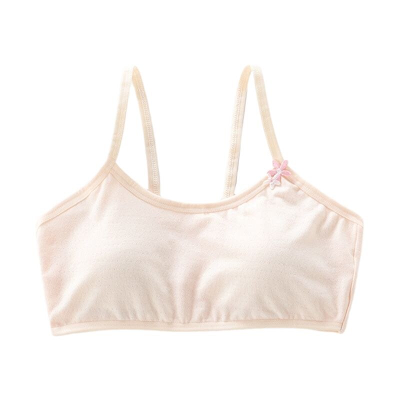 Teenager Puberty Girls Cotton Training Bra Spaghetti Straps Wire Free Sports Underwear Lightly Padded Embroidery Floral Applique: Flesh Color