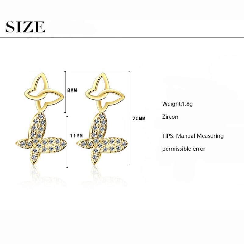 ANENJERY Süße Zarte Schmetterling Ohrringe Silber Farbe Zirkon Ohrringe Für Frauen S-E856