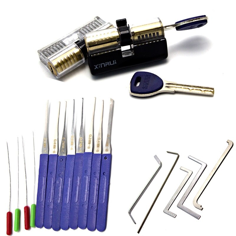 Practice Pick Lock Tool Set Combination,Broken Key Extractor Tool With Transparent Lock with Cover,Locksmith Tension Wrench TooL: Set3