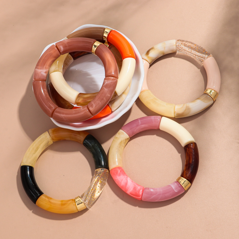 Nueva pulsera apilable de acrílico de tubo de bambú grande para mujeres y hombres, brazalete elástico con cuentas gruesas de resina colorida Vintage, joyería para parejas