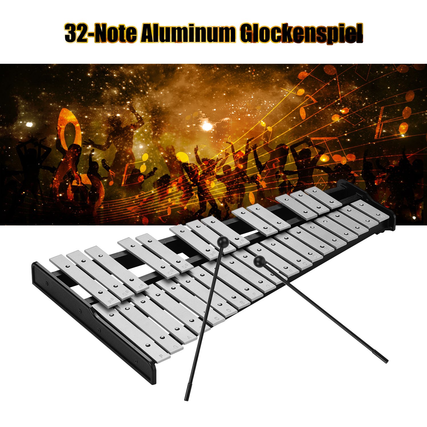 32-Note Xylophone Educational Glockenspiel Wooden Base Solid Aluminum Bars with Mallets Percussion Musical Instrument