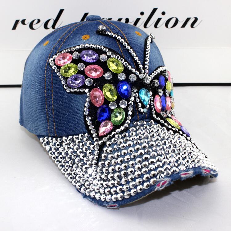 Fall Baseball Cap Women Full Crystal Colorful Big Butterfly Hat Denim Bling Rhinestone Snapback Caps Casquette Summer Hats: 1