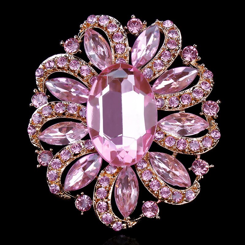 Fabriek Directe Verkoop Klassieke Kristallen Steentjes en Grote Ovale Acryl Bloem Broche Pins voor Vrouwen in Diverse Kleuren: Pink GOLD