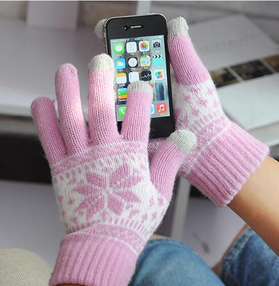 Vinter varm berøringsskærm handsker mænd kvinder uld strikkede handsker slik farve snefnug vanter til mobiltelefon tablet pad: Lyserød