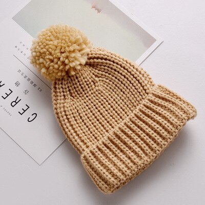 Kinderen meisjes baby muts gebreide wollen tijk muts met omslag herfst en winter warme muts twee ballen: Khaki
