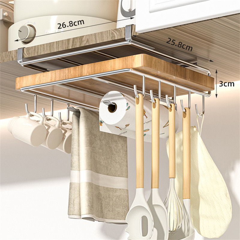 Hangend Rek Onder Keukenkast, Keuken Organizer Rek Met Haak Papieren Handdoek Lap Snijplank Pot Cover Houder Opbergplank: Licht Geel