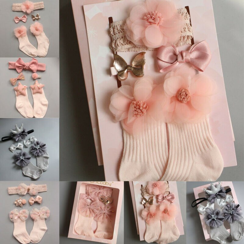 4 Stks/sets Pasgeboren Baby Meisjes Jongens Sokken Kant Ruche Tutu Sokken Stroken Enkel Prinses Anti Slip Sokken + Hoofdband + haar Pin 0-24M