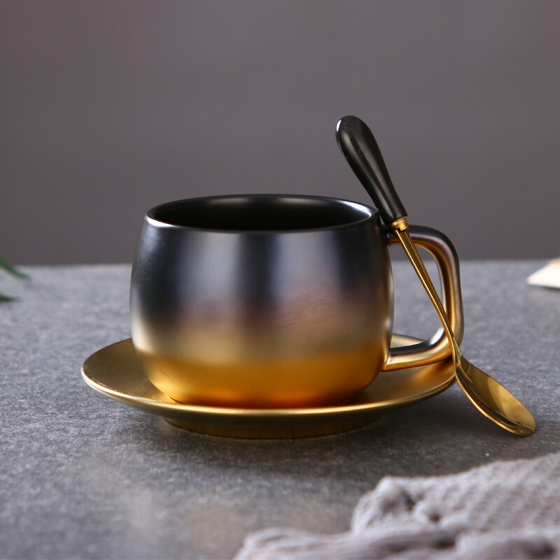 Taza de Café de Cerámica de cambio Gradual de estilo americano, juego de platos y tazas rugosas pintadas en oro, taza inglesa sencilla para la tarde: A