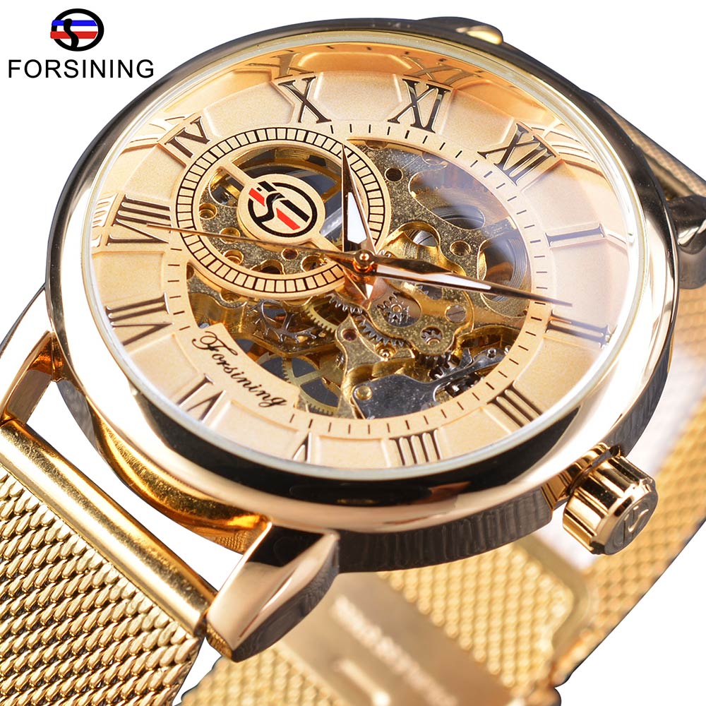 Forsining 3D squelette Royal rétro noir cadran doré montre mécanique bleu maille acier inoxydable bracelet lumineux montre-bracelet: Golden