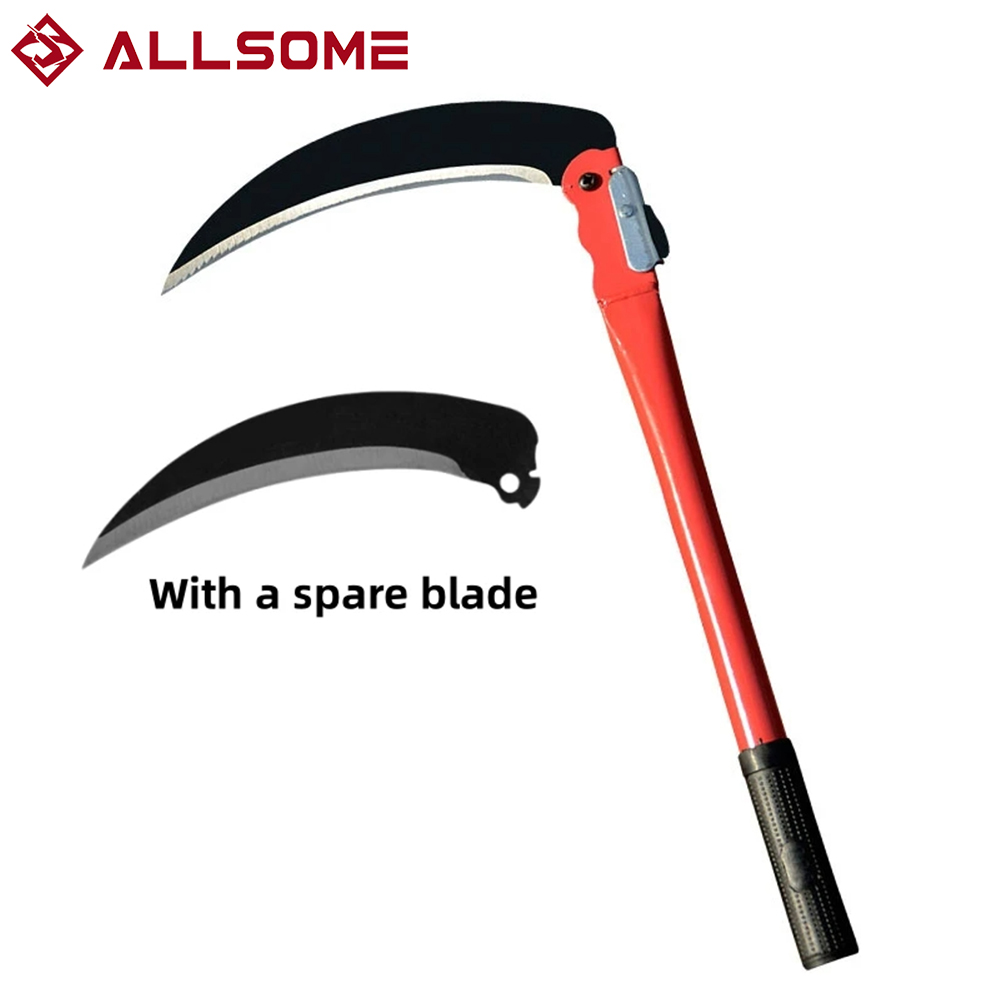 Agricultural Folding Sickle Long Handle Folding Scythe Lawn Mower Gardening Grass Weeding Knife with spare blade Garden Tool