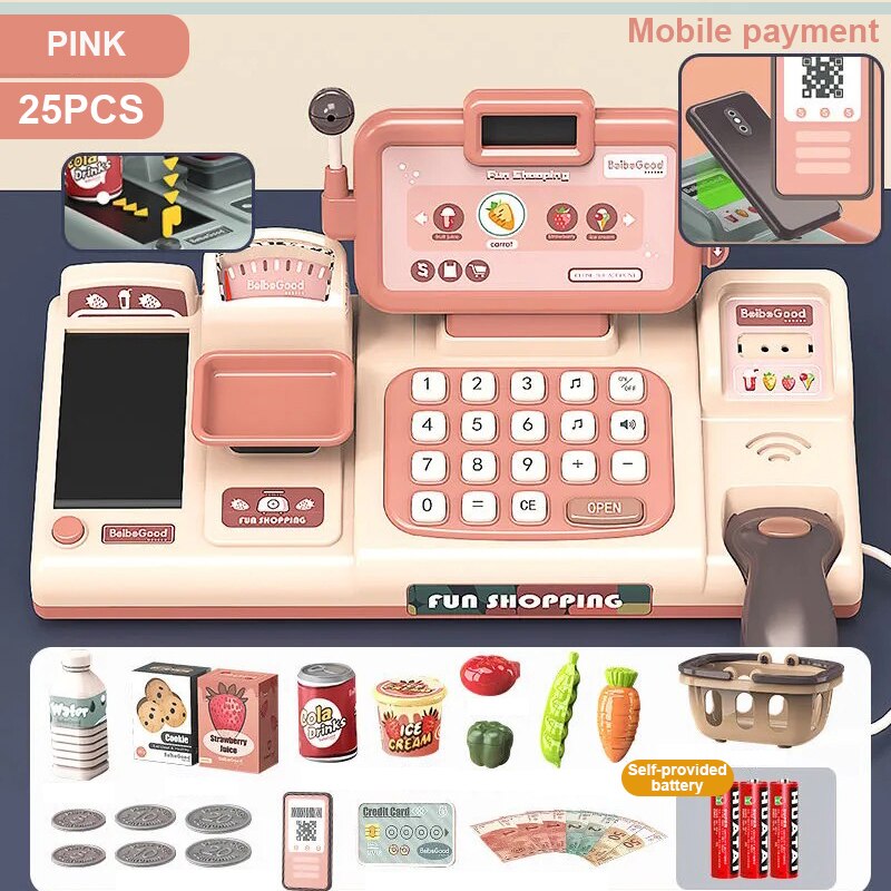 Caja Registradora de juguete para supermercado para niños, simulación de deslizamiento, cálculo, tienda de conveniencia, caja registradora: 25PCS Pink