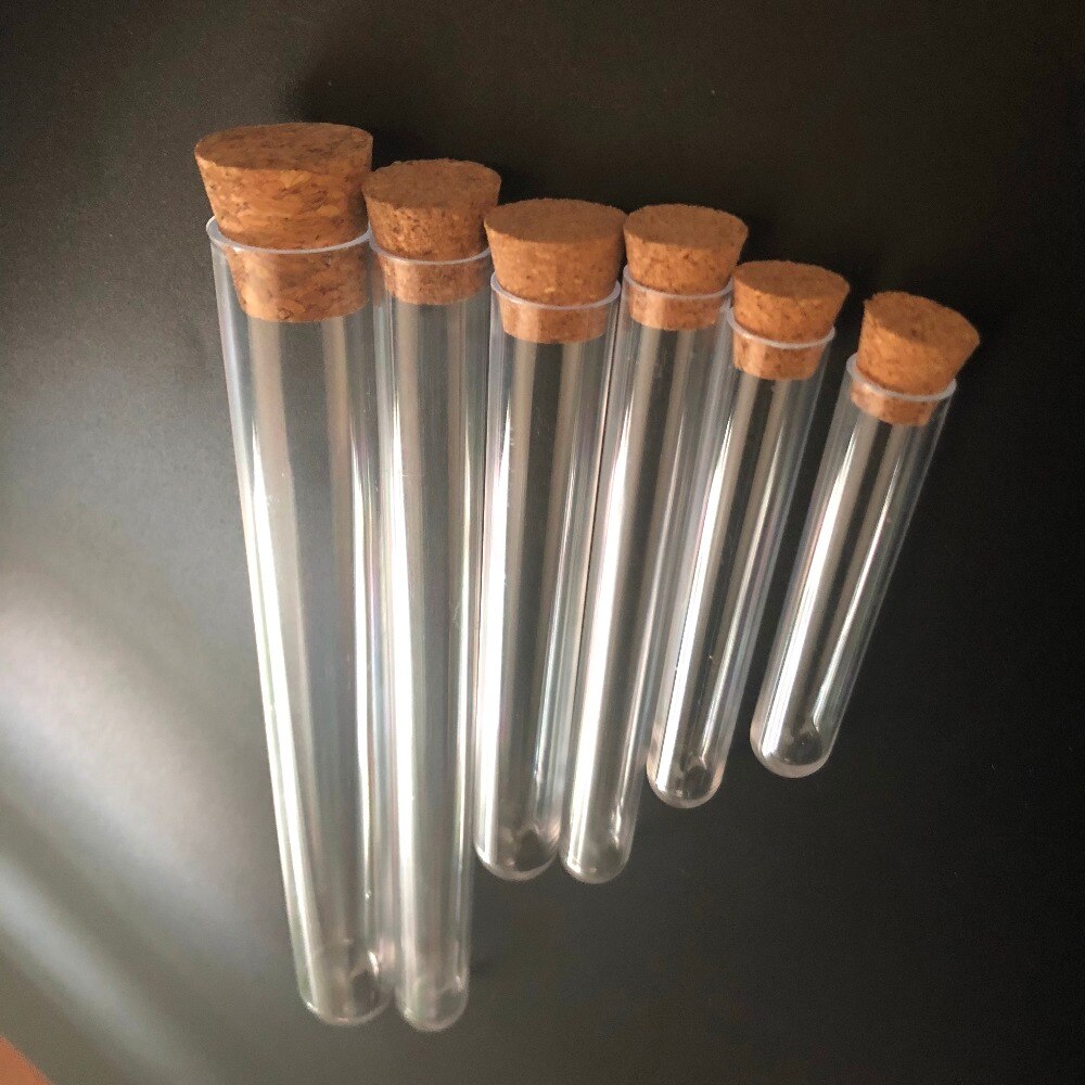 50pcs 20*150mm Clear hard plastic test tube with cork round bottom Wedding favours Laboratory Chemistry Cuvette