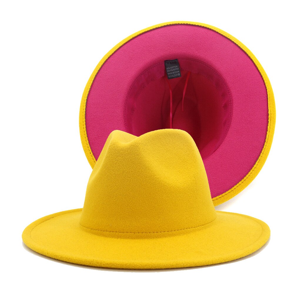 Qbhat Buitenste Geel Inner Pink Patchwork Jazz Vilten Hoed Vrouwen Mannen Brede Rand Panama Fedora Hoeden Met Vilt Band trilby Cap: yellow and hot pink / 56to58cm