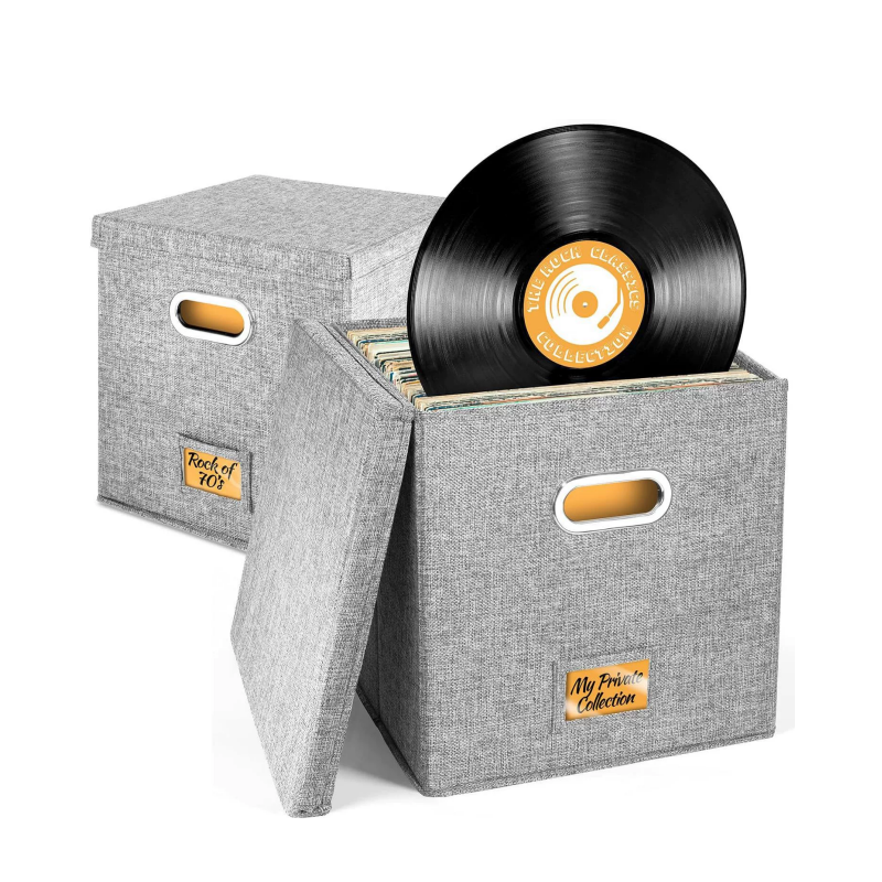 Boîte de rangement pour disques vinyles jusqu'à 50+ 12 pouces, caisse pour disques, stockage d'album LP, boîtes de rangement en tissu avec couvercles: Grey