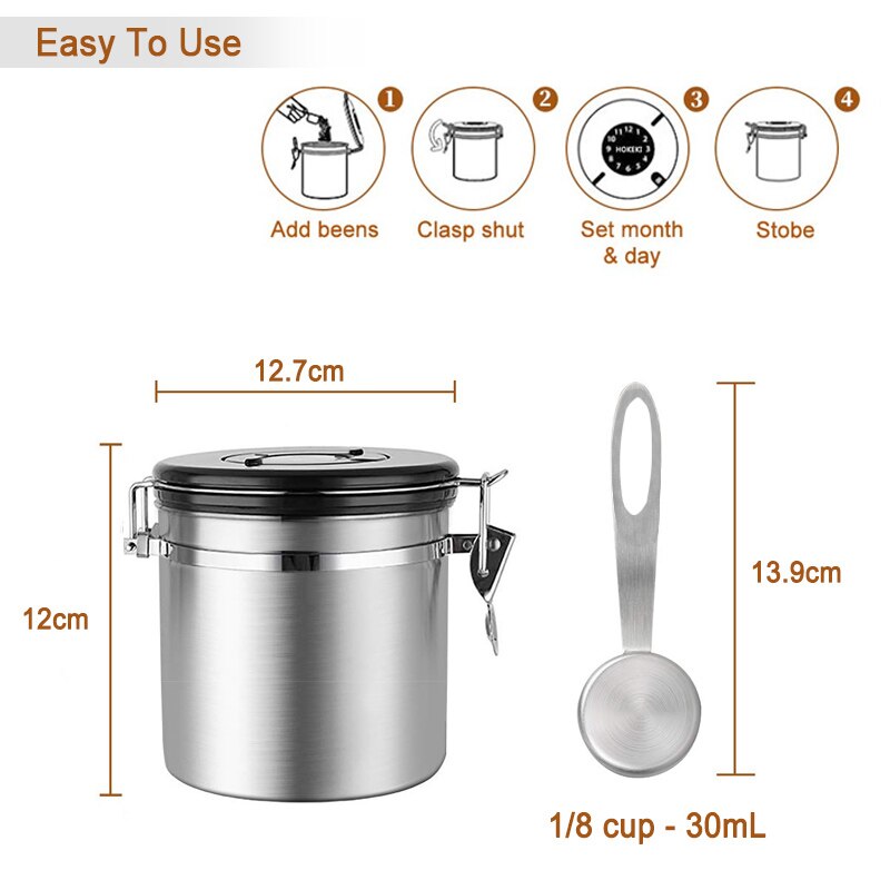Coffee Storage Container Airtight Stainless Steel Coffee Canister Vault Coffee Bean Container with CO2 Valve to Keep Beans Fresh: S
