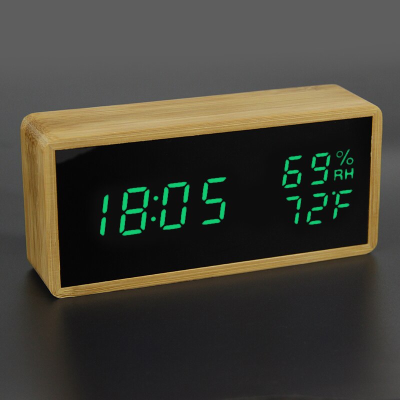 100%  bambus digitalt vækkeur justerbar lysstyrke stemmestyring skrivebord stort display tid temperatur usb/batteridrevet: 87- grønne