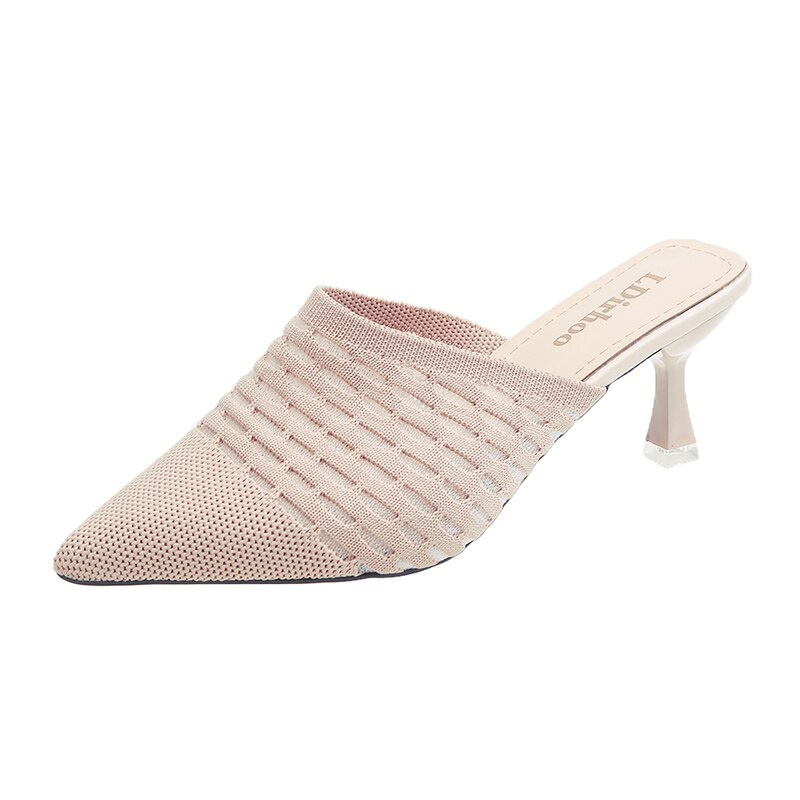 Strik kvinder sko spidse vævede høje hæle kvinder hæle stiletter muldyr loafer afslappet feminine hjemmesko sandalias sko: Khaki / 39