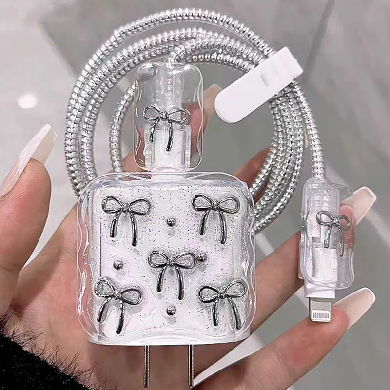 Voor iphone-opladers ipad-stekkeradapter 18w 20w transparante schattige tpu-opladerhoes met strikje, kabeloproller en beschermset
