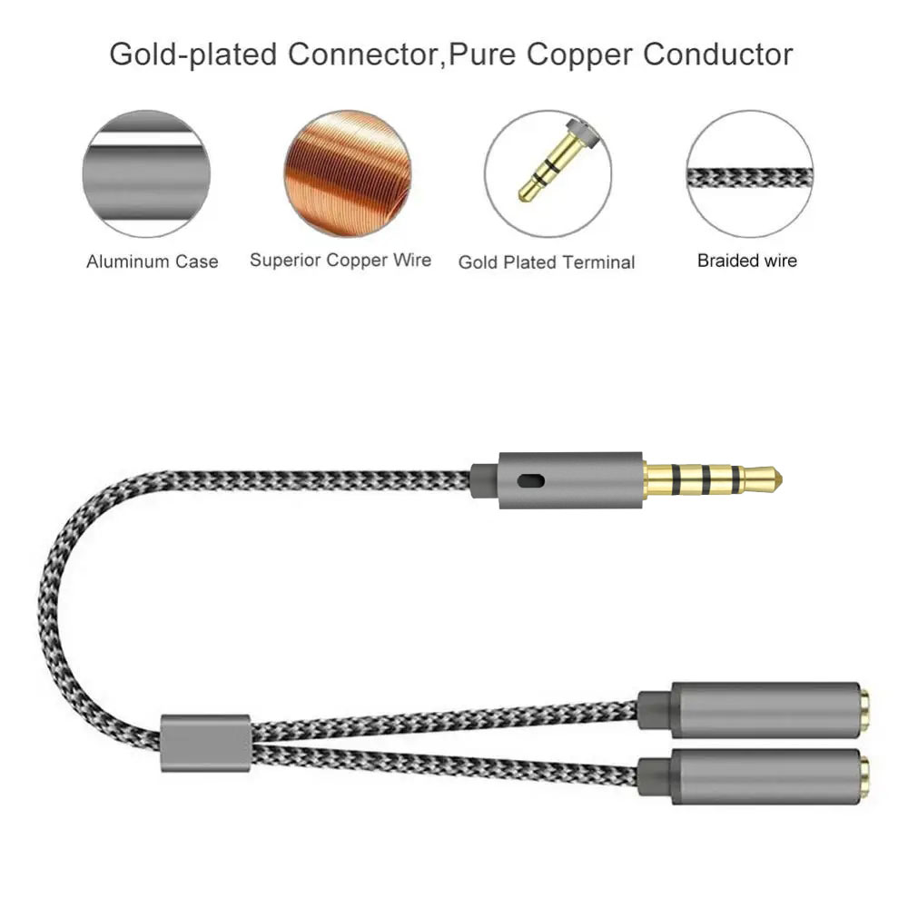 Headset-Adapter, Kopfhörer-Mikrofon und Lautsprecher, Y-Splitter-Kabel, 3,5-mm-Audio-Stecker auf 2 Buchsen, für Kopfhörer-Verlängerung, mobiles Audio