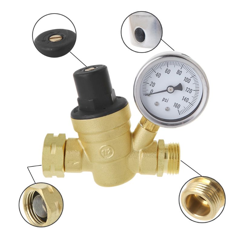 Water Pressure Regulator for RV Camper Brass Lead-Free Adjustable RV Water Pressure Reducer 160PSI