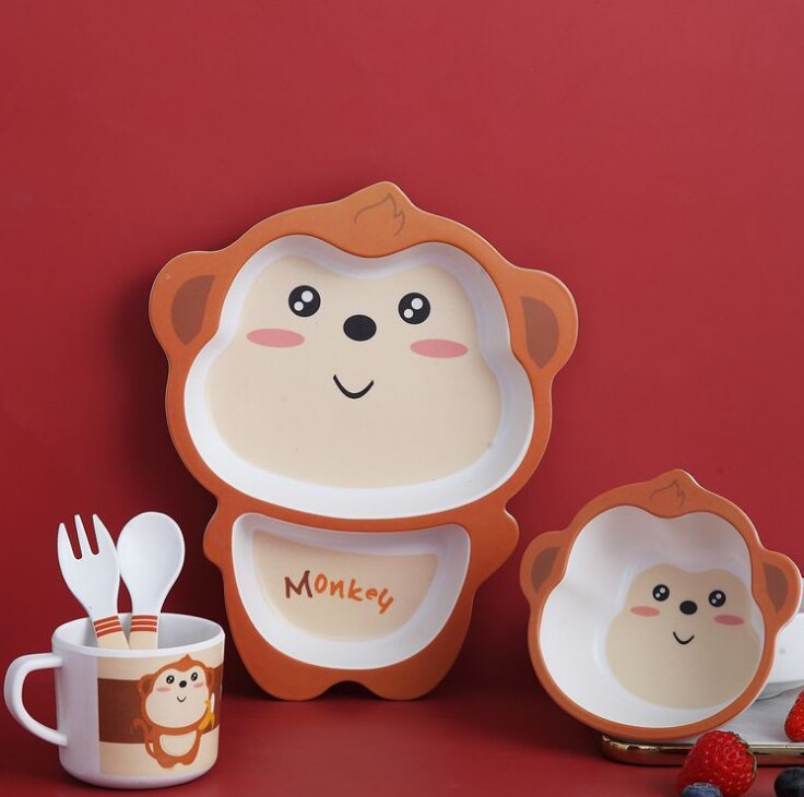 5 unids/set bebé plato niños de dibujos animados de alimentación platos niños Natural de fibra de bambú de vajilla con tazón tenedor Copa cuchara de placa