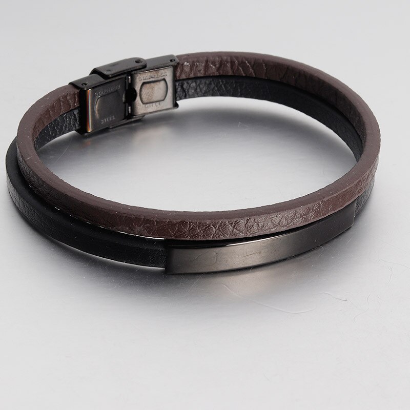 NAIQUBE Leather Men Bracelet Double Vintage Leather Bracelet Men Stainless Steel Magnetic Clasp Bangle Jewelry: black