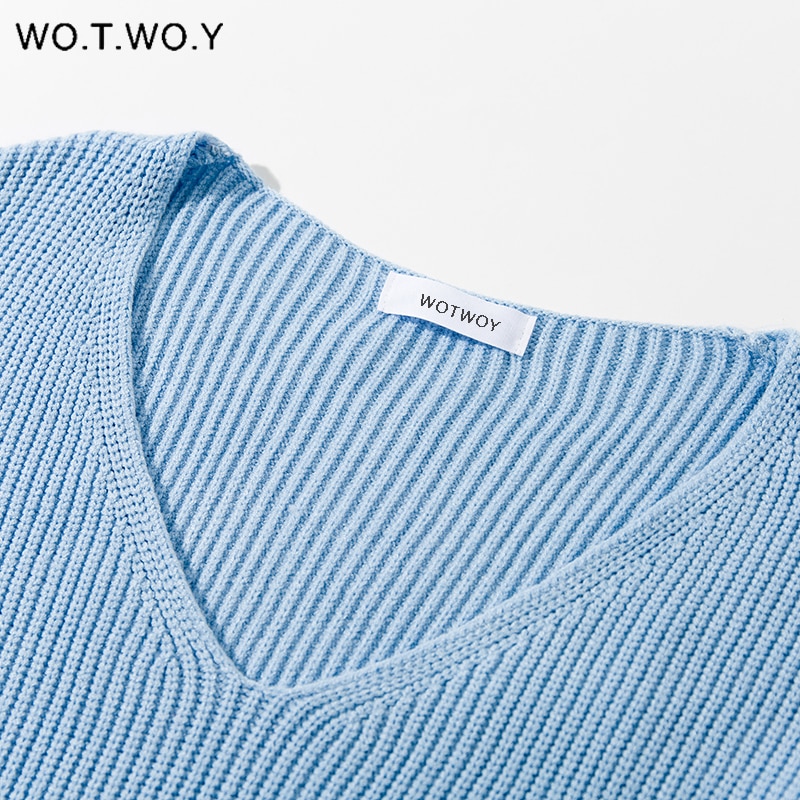 Wotwoy v-hals strikkede oversize trøjer kvinder efterår vinter langærmede basic sweater kvinder hvide afslappede løse pullovere kvinder