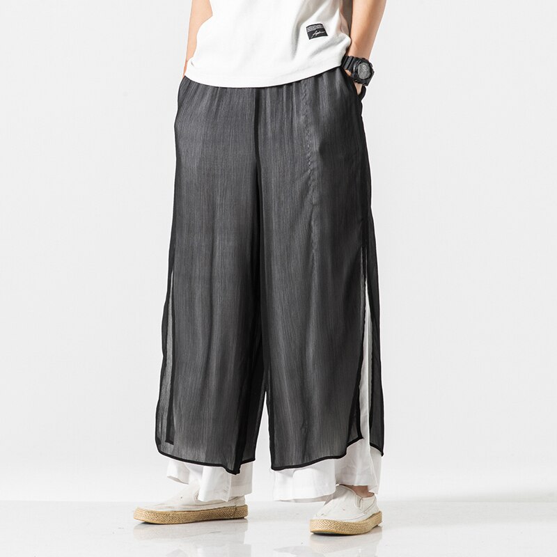Pantalones de lino y algodón de doble capa para hombre, pantalón informal de pierna ancha, ropa de calle, Pantalones rectos sueltos de empalme de malla, de verano: XXL