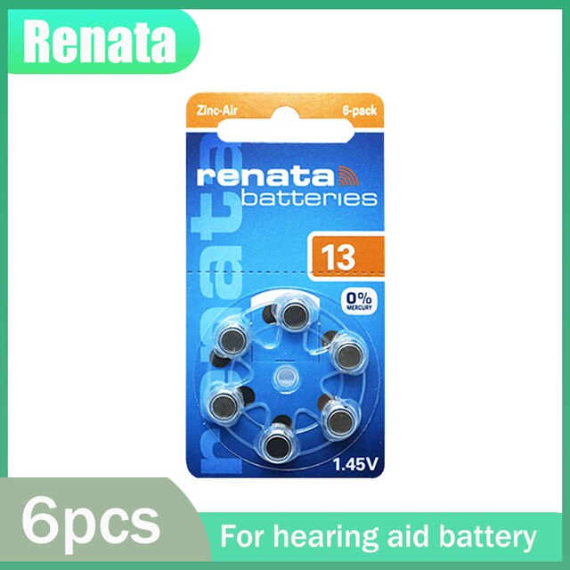 6pcs/1pack 100% Original Renata A13 13A 1.45V 305mAh Zinc Air Battery 13 P13 PR48 For Audiphone Hearing Aid A13 Button Coin Cell: Default Title