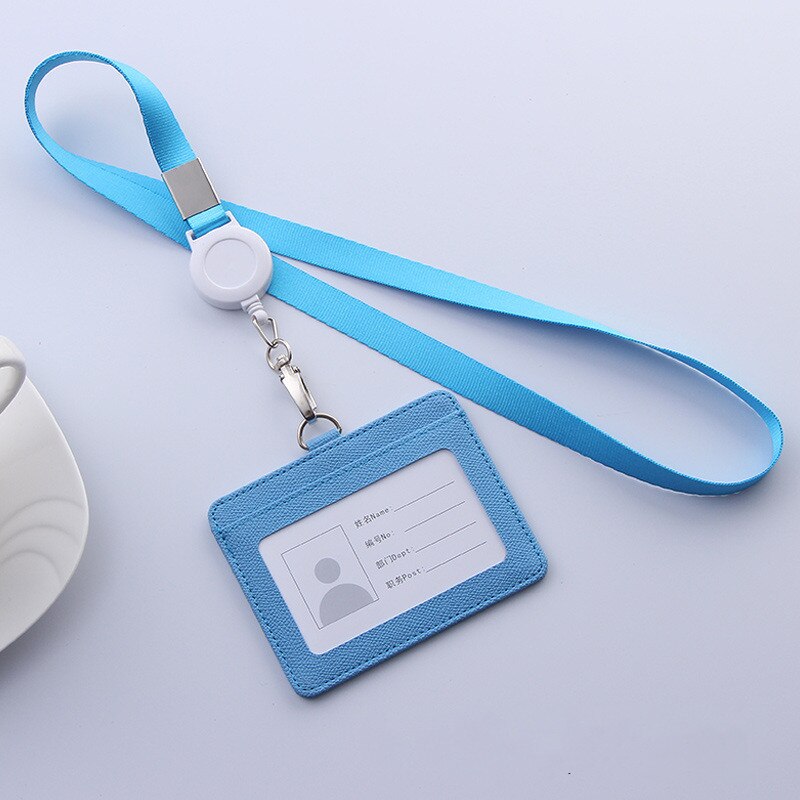 PU Leather Lanyard retractable badge holder ID card holder school lanyards id badge holder horizontal badge holder transparent: skyblue-Horizontal
