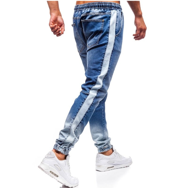 Män jeans trendiga män skinny jeans biker förstörd sliten passform jeans ripped jeans byxor sidan rand penna byxor casual jeans