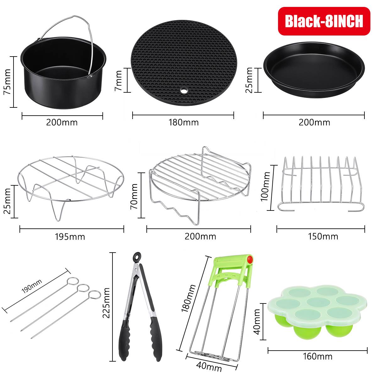 Air Fryer Accessories Set Baking Basket Pizza Plate Grill Pot Kitchen Cooking Tool 8Inch 5.3-5.8QT Deep Fryer Parts: 12Pcs Set B