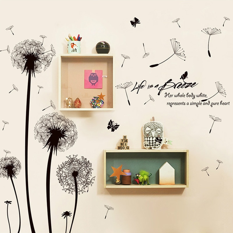 Pegatina negra, calcomanías creativas para cubierta de pared de diente de león, calcomanías de vinilo removibles para el hogar, decoraciones para el salón