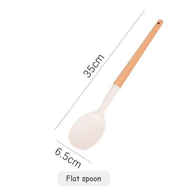 White Cooking Utensils set Silicone Kitchen Tools Set with Wood handle for Nonstick Cookware Kitchen set with Spatula/Spoons: Flat spoon