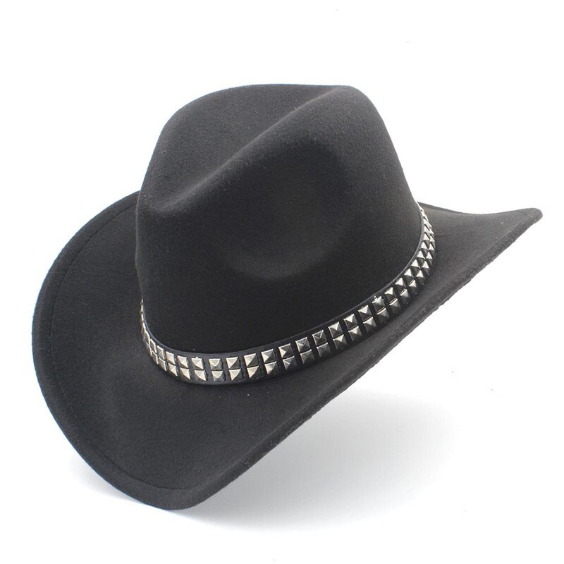 Women Men Wool Hollow Western Cowboy Hat With Wide Brim Felt Cowgirl Jazz Godfather Sombrero Cap Size 56-58CM Punk Belt A35: Black