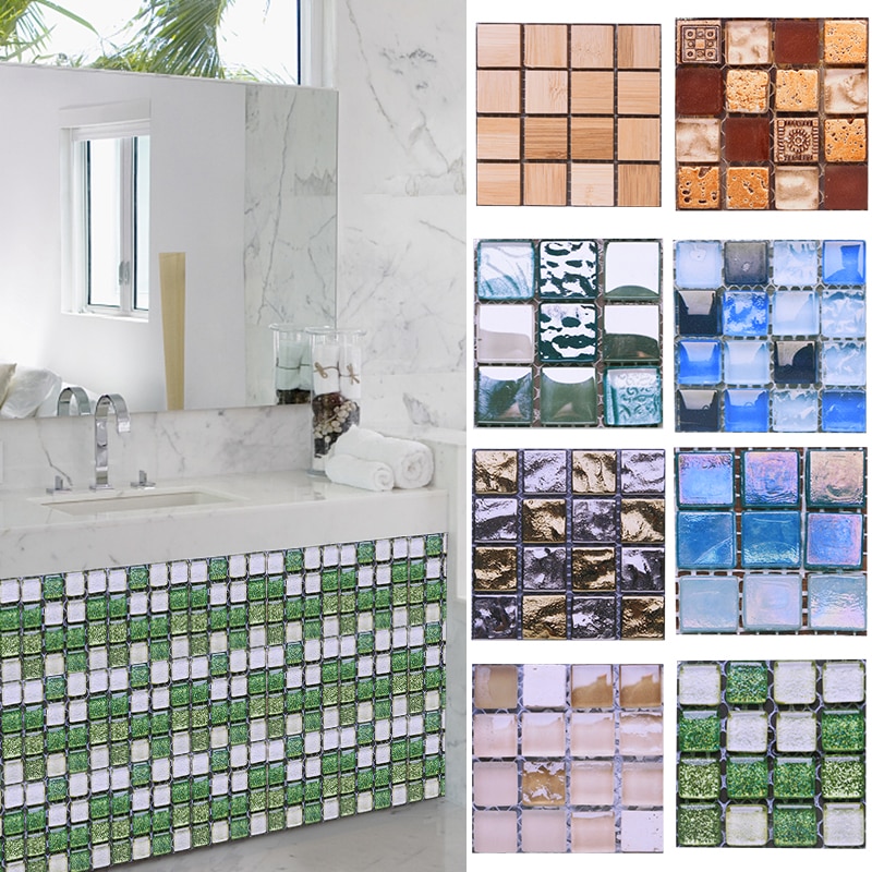 10Pcs 10*10cm 3D Self Adhesive Mosaic Tile Peel Sticker Kitchen Backsplash Bathroom Wall Tile Stickers Waterproof PVC Tiles