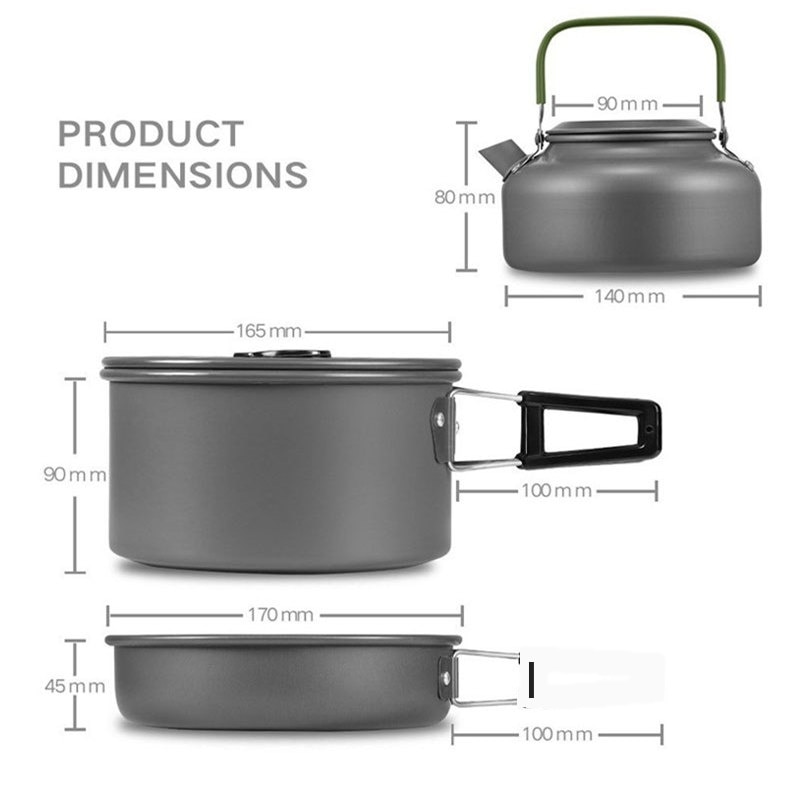 Vilead draagbare kampeerset met pot, pan en waterkoker van aluminiumlegering, servies voor buiten, kookgerei, 3 stuks/set, theepot, kookgereedschap voor picknick en barbecue.