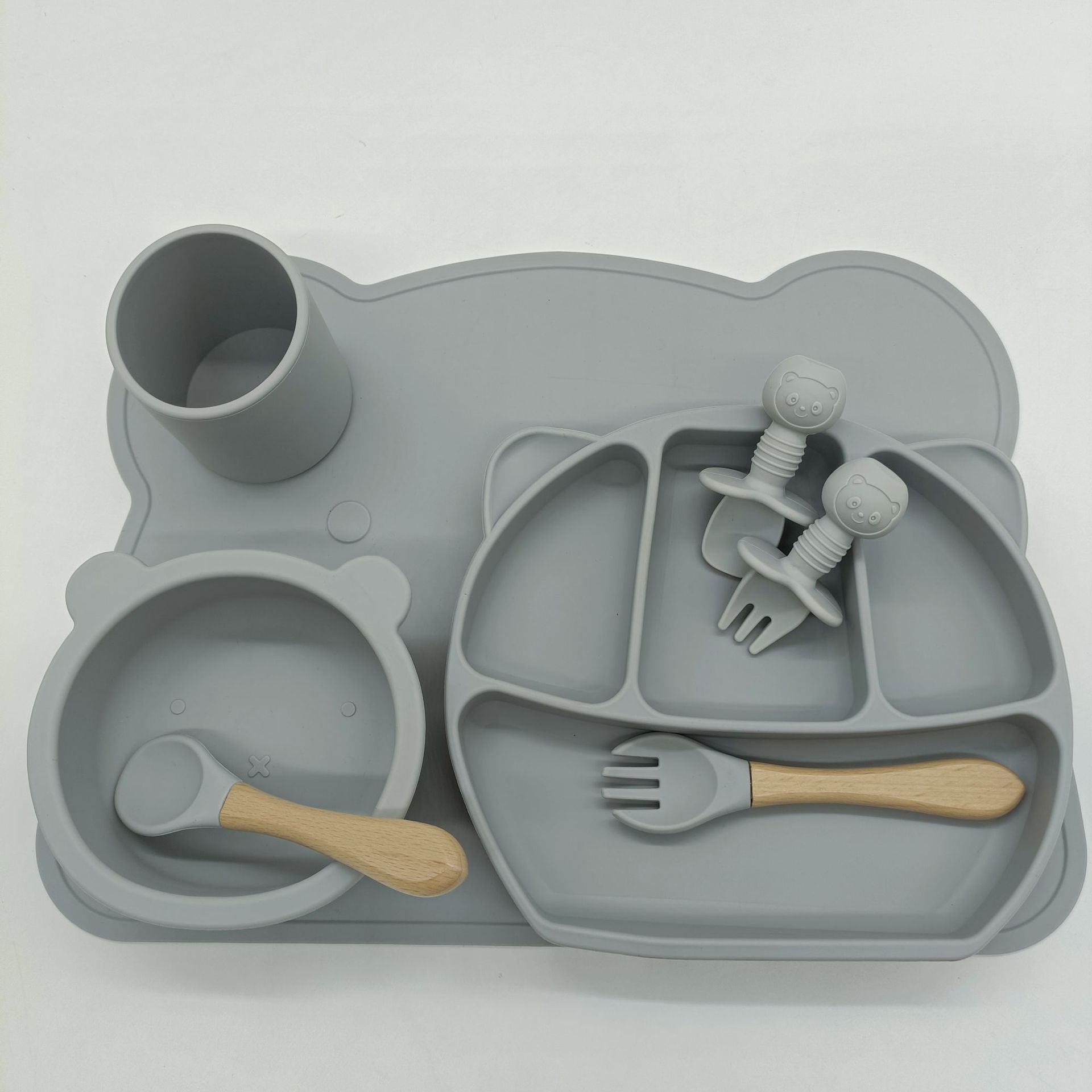 8PC Baby Silicone Sucker Plate Bowl Cup Spoon Fork Placemat Sets Food Grade Children&#39;s Compartment Training Dishes With Sucker: Grey