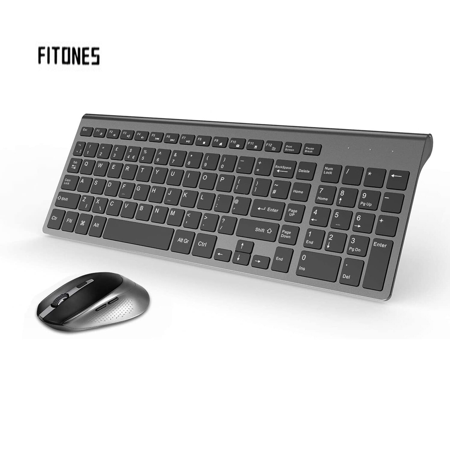 Draadloos toetsenbord en muis, qwerty uk-indeling, volledige grootte, 2400 dpi, met numeriek toetsenblok en ergonomische, stille muis voor windows, zwart