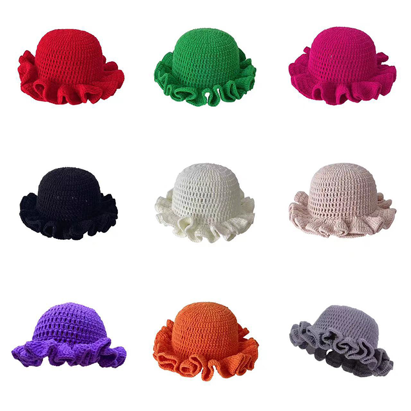 Colorful Crochet Ruffle Brim Knit Bucket Hats Winter Woman Handmade Stretch Fisherman Cap Outdoor Warm Windproof Beanie Hat