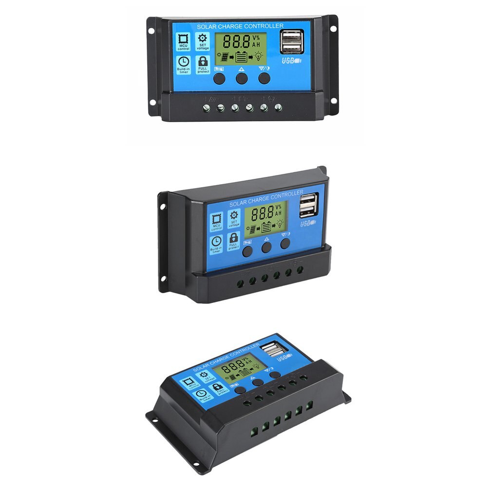 60A/50A/40A/30A/20A/10A 12V 24V Auto Solar Charge Controller PWM Controllers LCD Dual USB 5V Output Solar Panel PV Regulator