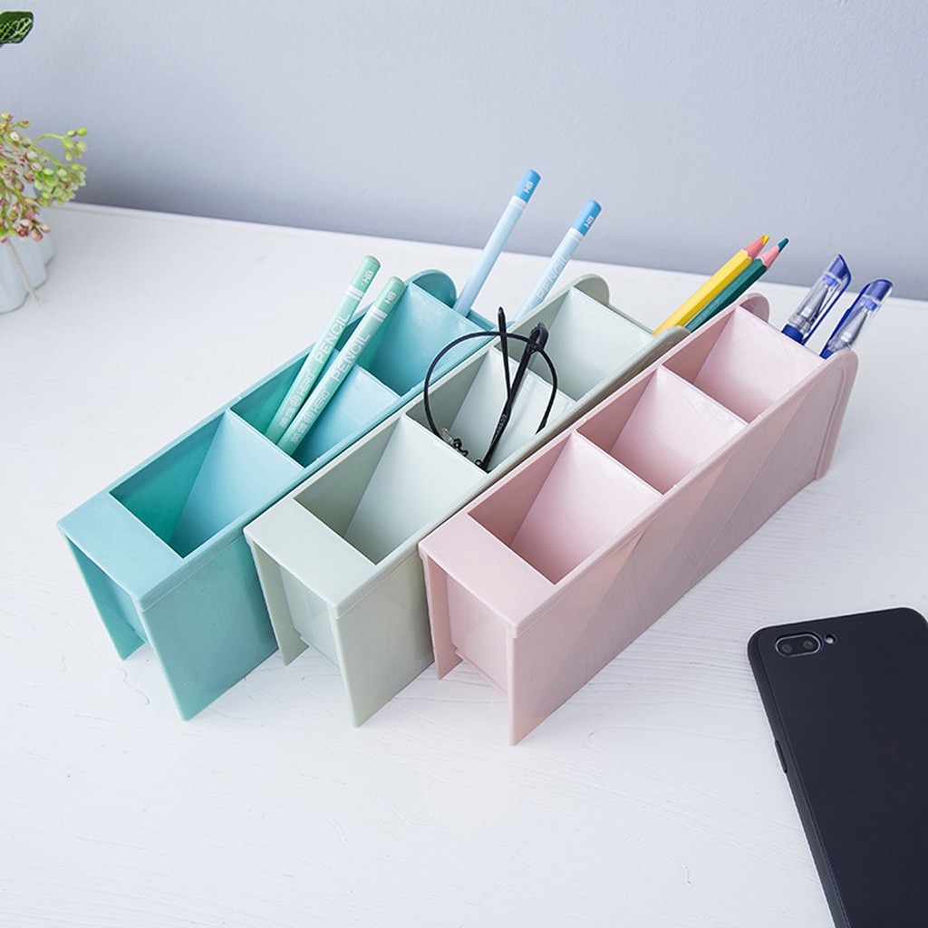 Multifunctional 4 grid desktop pen holder office school storage box blue green pink plastic box desk pen holder pen holder PP3