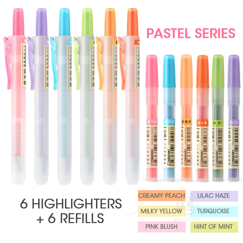 Andstal unik pastel / fluo / blød / retro udtrækkelig highlighter pen 6/12 stk fluorescerende farve til skolemarkør papirvarer kontor: 12 stk. pakke pastel