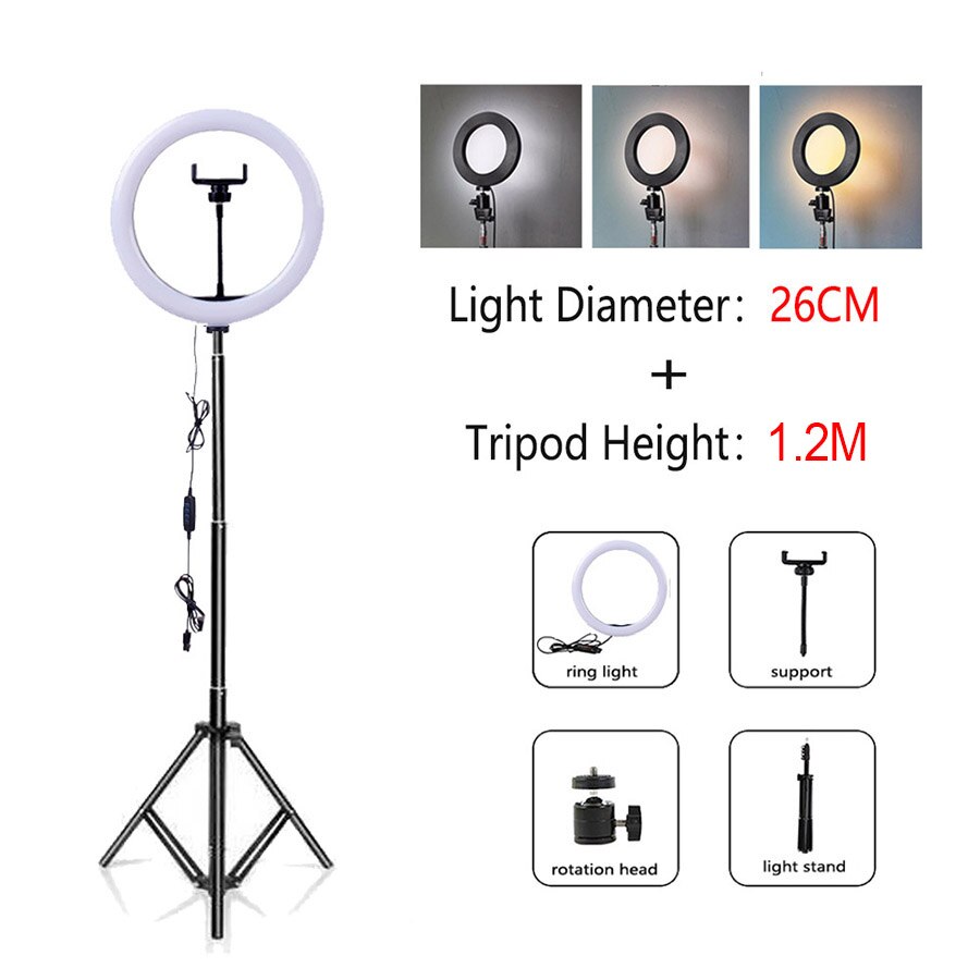 Mamen 33/26cm ringlamp met standaard voor telefoon, dimbare led selfie ringlamp met statief, usb selfie licht fotografie ringlamp: L26cm-t1.2m