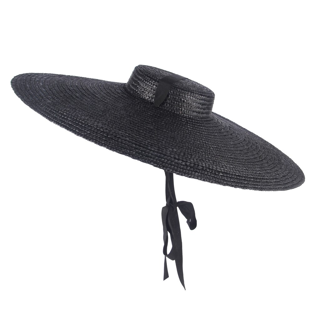 GEMVIE Black Wide Brim Chinese Hat Straw Hat Summer Hats For Women Ribbon Beach Cap Boater Fashionable Sun Hat With Chin Strap