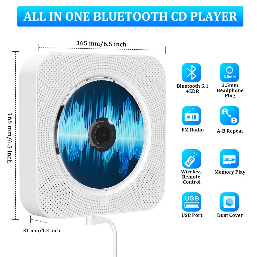 Wall Mounted CD Player With Bluetooth Remote Control Home Stereo FM Radio HiFi Sound Music Built-in Speaker Discman Lecteur CD