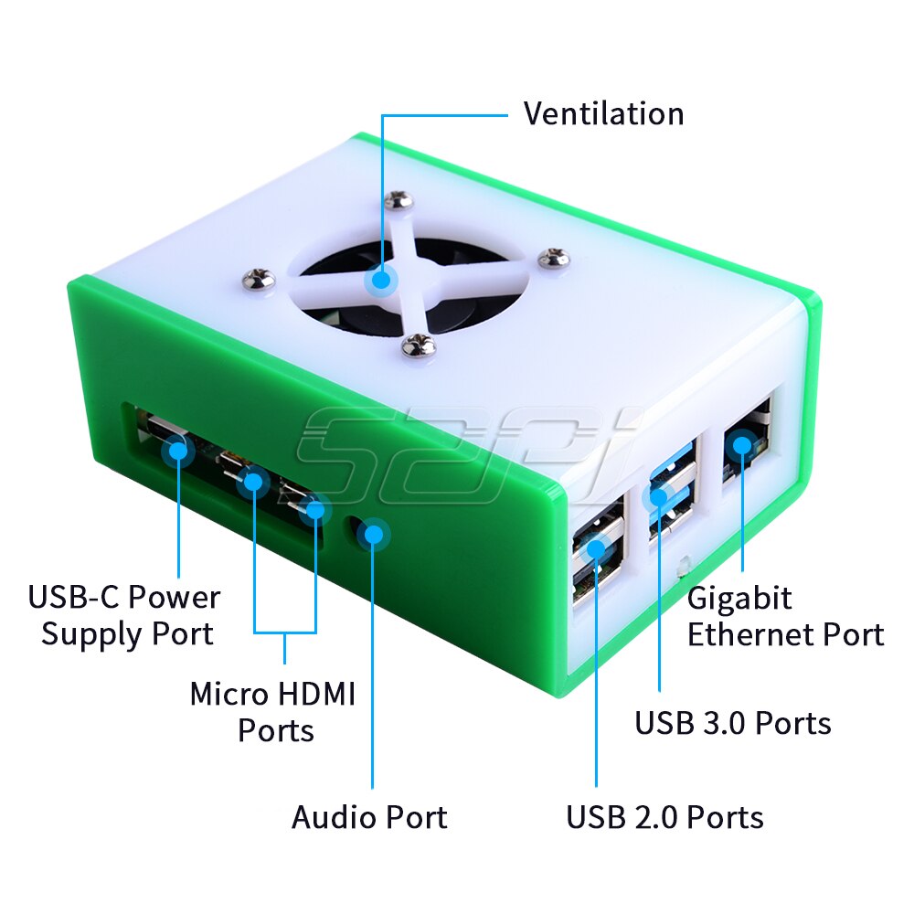 52Pi Acrylic Case Plastic Enclosure Shell Cover Blue / Red / Green with Large 4010 Cooling Fan Heat Sinks for Raspberry Pi 4B